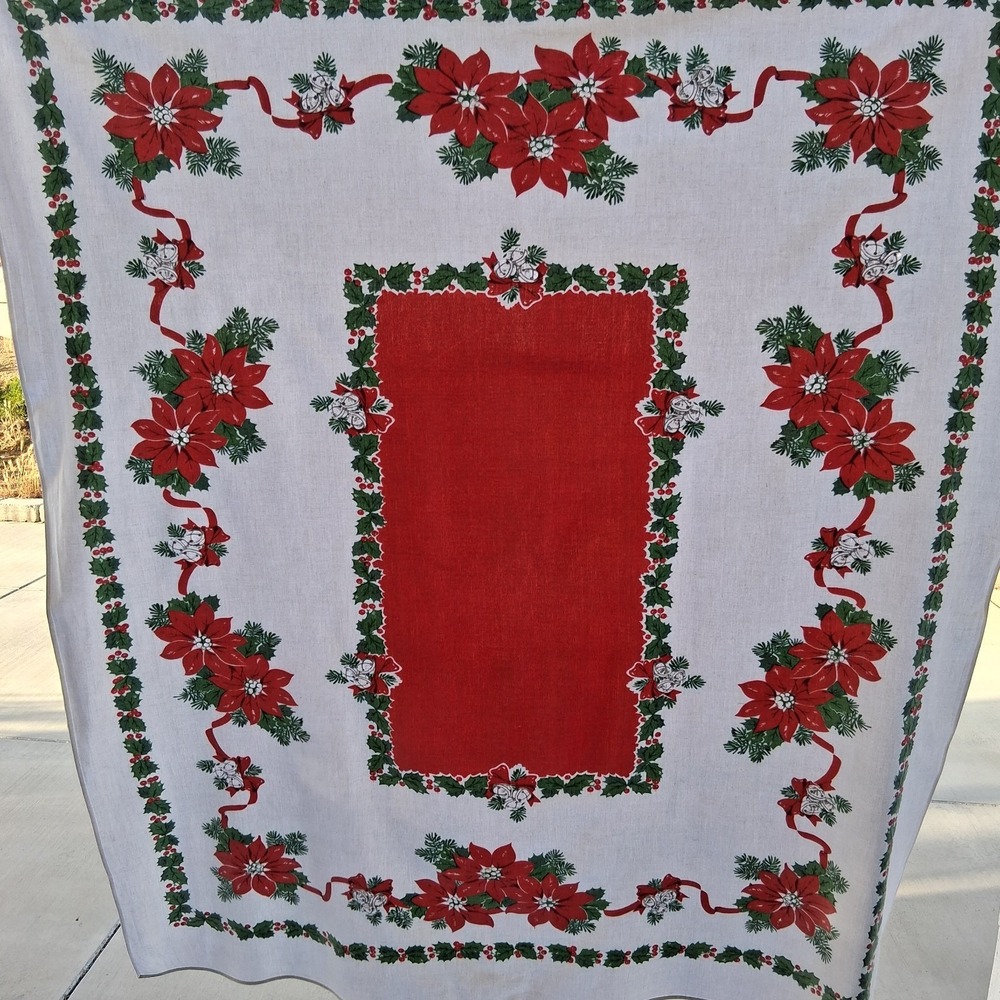 Vintage Mid Century Poinsettia Jingle Bell Cotton Tablecloth Retro Holiday 48x56